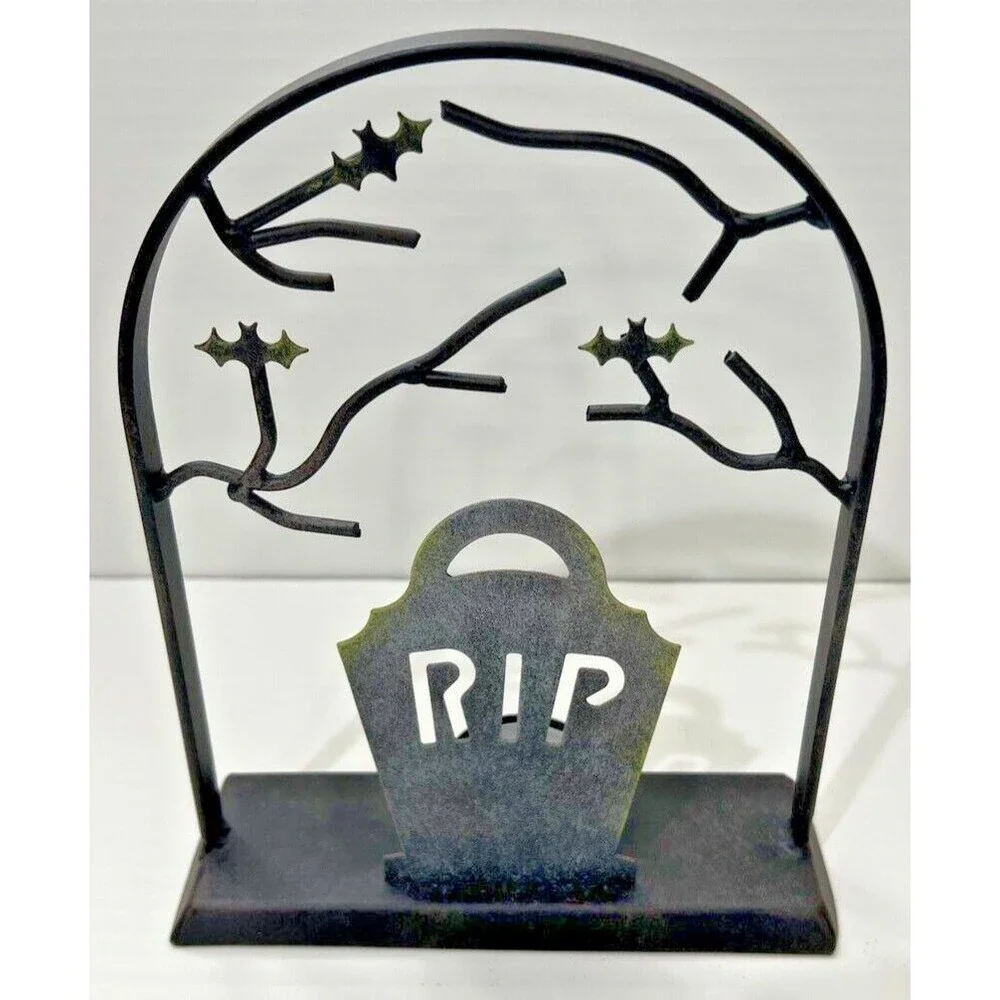 Metal Halloween RIP Tealight Candle Holder Black Tombstone Bats Graveyard Spooky